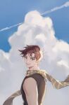  1boy bare_shoulders brown_hair clouds fingerless_gloves gloves green_eyes highres jojo_no_kimyou_na_bouken joseph_joestar joseph_joestar_(young) looking_back male_focus muted_color ningzzz scarf sky solo striped striped_scarf 