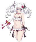  1girl :t animal_ear_fluff animal_ears arms_behind_back azur_lane bangs bell bikini black_bow blush bow breasts cat_ears cat_girl cat_tail cropped_legs eyebrows_visible_through_hair frilled_bikini frills hair_bow hammann_(azur_lane) hammann_(rebellious_summer)_(azur_lane) long_hair pout simple_background small_breasts solo swimsuit tail tail_bell tail_bow tail_ornament twintails white_background white_hair yoruhachi 