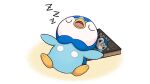  book character_print closed_eyes commentary_request full_body lying no_humans official_art on_back open_mouth outstretched_arms piplup pokemon pokemon_(creature) project_pochama sleeping solo tongue white_background zzz 