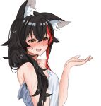  1girl :d animal_ear_fluff animal_ears bangs black_hair blush brown_eyes commentary_request daichi_(daichi_catcat) eyebrows_visible_through_hair from_side hair_between_eyes hand_on_own_chest hands_up highres hololive long_hair multicolored_hair naked_towel ookami_mio redhead simple_background smile solo streaked_hair towel upper_body virtual_youtuber wet white_background wolf_ears 