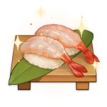  artist_request commentary cutting_board english_commentary food food_focus genshin_impact leaf lowres no_humans official_art rice shrimp sparkle still_life sushi third-party_source transparent_background 