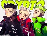  3boys apex_legends black_eyes black_jacket character_name clenched_hand crypto_(apex_legends) devil&#039;s_advocate_crypto fangs fuzzy_logic_crypto green_hair green_jacket jacket multiple_boys official_alternate_costume open_mouth red_jacket repikinoko sanpaku smile the_hired_gun_crypto undercut upper_body 