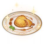  artist_request commentary english_commentary food food_focus genshin_impact leaf lowres no_humans official_art pie plate sauce sparkle still_life third-party_source transparent_background 