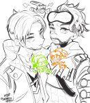  2boys apex_legends bodysuit collarbone crypto_(apex_legends) drone facial_hair goatee goggles goggles_on_head hack_(apex_legends) jacket jewelry male_focus mirage_(apex_legends) mole mole_under_eye multiple_boys necklace repikinoko shirt signature sketch spot_color twitter_username vest white_background 