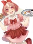  1girl :d ag_ag379 apron bangs blurry blush bow bowtie breasts buttons coffee cup depth_of_field dual_wielding eyebrows_behind_hair food foot_out_of_frame fried_egg giggles_(happy_tree_friends) hair_bow happy_tree_friends holding holding_tray humanization lace-trimmed_shirt lace_trim looking_at_viewer pancake pink_eyes pink_hair puffy_short_sleeves puffy_sleeves red_apron red_bow red_bowtie shirt short_hair short_sleeves simple_background skirt small_breasts smile soft_focus solo standing standing_on_one_leg teeth tray upper_teeth waist_apron white_background 