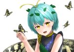  1girl animal antennae aqua_hair blush bug butterfly butterfly_wings dress eternity_larva eyebrows_visible_through_hair fairy fang green_dress hair_between_eyes insect_on_finger leaf leaf_on_head multicolored_clothes multicolored_dress open_mouth short_hair short_sleeves shuutsu simple_background smile solo touhou upper_body white_background wings yellow_eyes 