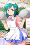  1girl :o apron bangs blue_skirt chalkboard cowboy_shot eyebrows_visible_through_hair flipped_hair green_eyes green_hair hair_ornament hairclip headdress heart heart_hair_ornament holding holding_tray indoors kozue_hinako looking_at_viewer medium_hair miniskirt non-web_source official_art photoshop_(medium) short_sleeves skirt solo stuffed_animal stuffed_toy super_real_mahjong tanaka_ryou teddy_bear tray w_arms white_apron wrist_cuffs 