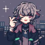  1boy ;d ahoge black_jacket black_sweater brown_eyes chibi fuwa_minato grey_hair hand_up jacket kiduta_cielo long_sleeves looking_at_viewer lowres male_focus multicolored_hair night nijisanji one_eye_closed open_clothes open_jacket outdoors pixel_art puffy_long_sleeves puffy_sleeves redhead ribbed_sweater smile solo streaked_hair sweater turtleneck turtleneck_sweater upper_body virtual_youtuber w 