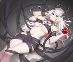  1girl absurdres apple arknights bikini bitten_apple black_bikini black_ribbon breasts closed_mouth demon_horns doraski feet_out_of_frame food food_bite front-tie_bikini front-tie_top fruit highres holding holding_food holding_fruit horns infection_monitor_(arknights) jewelry large_breasts long_hair looking_at_viewer lying mudrock_(arknights) mudrock_(silent_night)_(arknights) navel necklace on_back pendant pointy_ears red_eyes ribbon solo stomach swimsuit thighs under_boob white_hair 