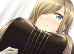  1girl blue_eyes blush breast_focus breasts brown_hair closed_mouth covered_nipples from_below gloves grey_background hair_over_one_eye large_breasts long_hair looking_at_viewer mibushiro solo tales_of_(series) tales_of_the_abyss tear_grants upper_body white_gloves 
