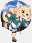  &gt;_&lt; 1girl :d animal_ear_fluff animal_ears bangs belt belt_buckle bike_shorts black_footwear black_shorts blonde_hair blue_shorts brown_belt buckle closed_eyes commentary_request copyright_request eyebrows_visible_through_hair fang fox_ears fox_girl fox_tail full_body furry furry_female green_kimono highres japanese_clothes kimono kitsune kuro_kosyou long_sleeves pinching_sleeves short_eyebrows short_shorts shorts sleeves_past_wrists smile solo standing standing_on_one_leg tail thick_eyebrows virtual_youtuber wide_sleeves xd zouri 
