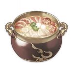  artist_request commentary english_commentary food food_focus garnish genshin_impact leaf lowres meat mushroom muted_color no_humans official_art pot shrimp soup still_life third-party_source transparent_background 