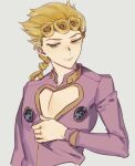  1boy blonde_hair braid bug cleavage_cutout clothing_cutout giorno_giovanna green_eyes jojo_no_kimyou_na_bouken ladybug male_focus ningzzz smile solo vento_aureo wing_ornament 