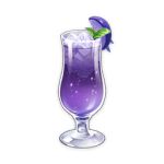  artist_request commentary cup drink drinking_glass english_commentary food food_focus fruit garnish genshin_impact ice ice_cube leaf lowres no_humans official_art purple_theme still_life third-party_source transparent_background 
