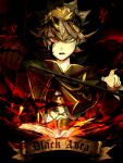  1boy absurdres ahoge asta_(black_clover) banner belt black_bull_(emblem) black_clover black_headband blonde_hair book buckle capelet dark_background dark_persona english_text floating floating_book floating_object frit_2 gloves green_eyes grey_hair hair_between_eyes hands_up headband heterochromia highres holding holding_sword holding_weapon long_bangs looking_at_viewer magic male_focus messy_hair narrowed_eyes open_mouth red_eyes serious shirt short_hair silver_hair single_glove solo sparkle spiky_hair sword text_focus upper_body v-shaped_eyebrows weapon white_shirt 