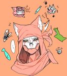  ... 2boys ^_^ animal_ears annoyed apex_legends black_sclera cat_boy cat_ears closed_eyes colored_sclera fish highres humanoid_robot kemonomimi_mode male_focus multiple_boys nessie_(respawn) one-eyed orange_background pathfinder_(apex_legends) paw_print red_bandana red_eyes red_scarf revenant_(apex_legends) scarf solo_focus spoken_ellipsis wankonabe yellow_eyes 