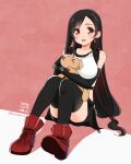  1girl black_hair black_legwear black_skirt boots breasts dog earrings final_fantasy final_fantasy_vii full_body jewelry krudears large_breasts long_hair low-tied_long_hair open_mouth red_eyes red_footwear simple_background skirt smile solo suspenders thigh-highs tifa_lockhart twitter_username zettai_ryouiki 