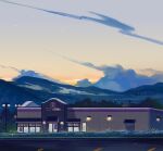  artist_name building clouds commentary english_commentary geneva_bowers lamppost mountain no_humans outdoors parking_lot scenery star_(sky) sunset taco_bell tree utility_pole watermark 