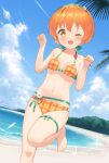  1girl beach bikini blue_sky breasts clouds commentary_request curled_fingers day eichisu highres hoshizora_rin love_live! love_live!_school_idol_project one_eye_closed orange_bikini orange_hair outdoors paw_pose short_hair sky small_breasts solo standing standing_on_one_leg swimsuit yellow_eyes 