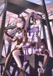  2girls asymmetrical_gloves back bangs bare_shoulders black_footwear black_gloves black_jacket black_legwear blue_eyes closed_mouth clouds cloudy_sky dusk gloves hair_ornament heterochromia highres honkai_(series) honkai_impact_3rd jacket kiana_kaslana kiana_kaslana_(void_drifter) long_hair long_sleeves mismatched_gloves multiple_girls outdoors ponytail purple_hair raiden_mei raiden_mei_(striker_fulminata) sheath shoes single_thighhigh sitting sky sneakers sylnice thigh-highs twilight violet_eyes white_jacket yellow_eyes 