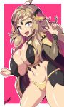  1girl absurdres ahoge asymmetrical_bangs bangs blonde_hair breasts bridal_gauntlets cape circlet commission fire_emblem fire_emblem_fates grey_eyes highres huge_breasts kagamisama29 long_hair looking_at_viewer midriff navel open_mouth ophelia_(fire_emblem) panties pantyhose pink_hair solo thigh-highs turtleneck underwear upper_body yellow_panties 