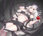  1girl absurdres apple arknights bikini bitten_apple black_bikini black_ribbon breasts closed_mouth demon_horns doraski feet_out_of_frame food food_bite front-tie_bikini front-tie_top fruit highres holding holding_food holding_fruit horns infection_monitor_(arknights) jewelry large_breasts long_hair looking_at_viewer lying mudrock_(arknights) mudrock_(silent_night)_(arknights) navel necklace on_back pendant pointy_ears red_eyes ribbon see-through solo stomach swimsuit thighs under_boob white_hair 