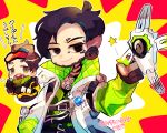  2boys apex_legends black_eyes black_hair black_shirt bodysuit brown_hair clenched_hand crypto_(apex_legends) drone facial_hair goatee goggles goggles_on_head green_scarf green_vest hack_(apex_legends) jacket jewelry male_focus mirage_(apex_legends) mole mole_under_eye multiple_boys necklace repikinoko scarf shirt smile sparkle star_(symbol) vest white_jacket yellow_bodysuit 