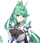  1girl armor bangs blush breast_press breasts chest_jewel dress earrings gem gloves greek_text green_eyes green_hair hair_ornament headpiece jewelry large_breasts long_hair looking_at_viewer mythra_(xenoblade) nintendo one_eye_closed pneuma_(xenoblade) ponytail pyra_(xenoblade) simple_background smile solo swept_bangs tiara upper_body very_long_hair white_background xenoblade_chronicles_(series) xenoblade_chronicles_2 xiao_qi 