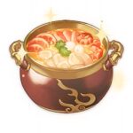  artist_request commentary english_commentary food food_focus garnish genshin_impact leaf lowres meat mushroom no_humans official_art pot shrimp soup sparkle still_life third-party_source transparent_background 