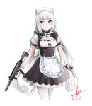  1girl animal_ears apron artist_name b_o_y bangs bell blue_bow blue_eyes blunt_bangs bow breasts cat_ears cat_girl cat_tail commentary desert_eagle dual_wielding eyebrows_visible_through_hair frilled_apron frills frown gun h&amp;k_mp7 handgun heart highres holding jingle_bell long_hair looking_at_viewer low_twintails maid maid_headdress name_tag neck_bell nekopara pantyhose puffy_short_sleeves puffy_sleeves short_sleeves signature simple_background small_breasts solo submachine_gun tail twintails uniform vanilla_(nekopara) very_long_hair waist_apron weapon white_background white_hair white_legwear wrist_cuffs 