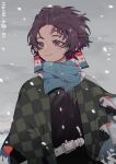  1boy absurdres belt belt_buckle black_jacket brown_hair buckle closed_mouth commentary earrings gakuran haori highres jacket japanese_clothes jewelry kamado_tanjirou kimetsu_no_yaiba male_focus outdoors scar scar_on_face scar_on_forehead school_uniform short_hair smile snow snowing solo symbol-only_commentary taowu_(20809) upper_body violet_eyes 