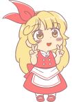  1girl apron artist_request bangs blonde_hair blush bow buttons chibi double_v ellen_(touhou) eyebrows_visible_through_hair full_body gyate_gyate hair_bow hairband happy long_hair mary_janes open_mouth puffy_short_sleeves puffy_sleeves red_bow red_footwear red_hairband red_skirt red_vest shirt shoes short_sleeves skirt standing touhou touhou_(pc-98) transparent_background v very_long_hair vest waist_apron white_apron white_legwear white_shirt yellow_eyes 