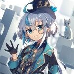  blue_eyes ear_piercing gears gloves hat indie_virtual_youtuber monocle musumi_haku one_eye_closed pale_skin piercing pointy_ears silver_hair smile steampunk virtual_youtuber wagashi928 