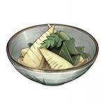  artist_request bamboo_shoot bowl commentary english_commentary food food_focus garnish genshin_impact leaf lowres muted_color no_humans official_art seaweed soup still_life third-party_source transparent_background 