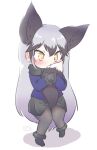  1girl animal_ears black_bow black_bowtie black_fur black_gloves black_legwear black_skirt blue_jacket blush bow bowtie commentary_request extra_ears eyebrows_visible_through_hair fox_ears fox_girl fox_tail fur_trim gloves grey_hair highres holding_tail jacket kemono_friends long_hair long_sleeves multicolored_hair orange_eyes pantyhose pleated_skirt silver_fox_(kemono_friends) silver_hair skirt solo tail uho_(uhoyoshi-o) 