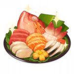  artist_request commentary english_commentary fish fish_(food) food food_focus genshin_impact leaf lowres no_humans official_art plate sashimi shrimp sparkle still_life third-party_source transparent_background 
