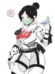  1girl absurdres apex_legends bangs belt bingbingzi black_belt black_hair bodysuit breasts cable chinese_commentary gloves hair_behind_ear hair_bun highres large_breasts looking_at_viewer mask mouth_mask official_alternate_costume ok_sign parted_bangs quarantine_722_wraith solo speech_bubble thigh_strap white_bodysuit white_gloves wraith_(apex_legends) 