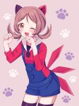  1girl ;d bangs blue_overalls blush brown_eyes brown_hair cowboy_shot eyebrows_visible_through_hair eyelashes hands_up highres long_hair lyra_(pokemon) nasakixoc one_eye_closed open_mouth overalls paw_pose paw_print paw_print_background pokemon pokemon_(game) pokemon_hgss red_shirt shiny shiny_skin shirt smile solo symbol-only_commentary thigh-highs twintails 