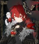  1boy alternate_costume animal_on_shoulder bangs bird bird_on_shoulder black_headwear closed_mouth diluc_(genshin_impact) feathers fur_trim genshin_impact hair_between_eyes hat highres long_hair looking_at_viewer male_focus persimmon_(lsxh3) ponytail red_eyes redhead sidelocks solo torn_clothes torn_hat very_long_hair witch_hat 
