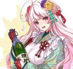  1girl ahoge apron bangs bottle buisen eyebrows_visible_through_hair flower gloves hair_flower hair_ornament holding holding_bottle japanese_clothes kagatsuji_soyori kimono long_hair looking_at_viewer multicolored_hair open_mouth pink_eyes pink_hair red_gloves shuri_(84k) smile solo streaked_hair two-tone_hair upper_body virtual_youtuber white_background wine_bottle 