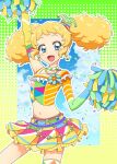  1girl :d aikatsu! aikatsu!_(series) arm_up armpits blonde_hair blue_eyes blue_sky blush border bow cheering cheerleader clouds cloudy_sky collarbone commentary cowboy_shot crop_top day detached_sleeves earrings gradient_border green_border hair_bow highres holding holding_pom_poms idol jewelry kurorook midriff multicolored_border multicolored_bow multicolored_clothes multicolored_skirt navel necklace open_mouth outline polka_dot_border pom_pom_(cheerleading) saegusa_kii shiny shiny_skin single_bare_shoulder single_detached_sleeve single_thighhigh skirt sky smile solo stomach striped_choker thigh-highs twintails white_outline yellow_border 