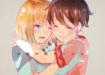  1boy 1girl absurdres birk blonde_hair blue_eyes blue_shirt brown_hair closed_eyes closed_mouth copyright_name eyebrows_visible_through_hair grey_background hand_on_another&#039;s_face highres hug one_eye_closed open_mouth red_shirt ronja rxx9801 sanzoku_no_musume_ronja shirt short_hair simple_background smile 