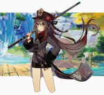  1225ka 1girl absurdres black_shorts bridge brown_coat brown_hair brown_headwear coat coattails cropped_legs fishing_rod flower flower-shaped_pupils genshin_impact hand_on_hip hat hat_flower highres holding holding_fishing_rod hu_tao_(genshin_impact) hut in-universe_location lake long_hair plum_blossoms red_eyes red_flower red_shirt shirt shorts smile solo stone symbol-shaped_pupils tassel tree twintails very_long_hair water waterfall 