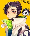  1boy apex_legends black_eyes black_hair character_name chibi chibi_inset crypto_(apex_legends) from_side looking_at_viewer male_focus mole mole_under_eye parted_hair repikinoko signature solo_focus twitter_username yellow_eyes 