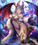  1girl absurdres animal_ears bangs bat bat_wings breasts character_request clawed_gauntlets company_name copyright copyright_request covered_navel eyebrows_visible_through_hair fur_trim green_eyes hand_up headgear highres leotard medium_breasts moon official_art purple_hair revealing_clothes short_hair solo strapless strapless_leotard teffish wings 