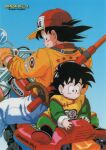  1990s_(style) 2boys absurdres baseball_cap black_hair blue_background boots casual character_name chinese_clothes clothes_writing copyright_name dragon_ball dragon_ball_z gloves ground_vehicle hat highres jacket logo long_sleeves looking_back male_focus monkey_tail motor_vehicle motorcycle multiple_boys non-web_source nyoibo official_art on_motorcycle orange_gloves polearm retro_artstyle riding saiyan smile son_gohan son_goku star_(symbol) star_print tail weapon 