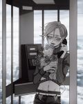  1boy bouquet clouds cloudy_sky crop_top daisy eyelashes flower freckles highres holding holding_bouquet holding_phone jojo_no_kimyou_na_bouken male_focus midriff payphone phone phone_booth ribbed_sweater sempon_(doppio_note) sky solo sweater talking_on_phone turtleneck vento_aureo vinegar_doppio 