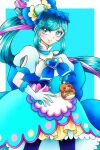  1girl :d blue_bow blue_hair blush bow brooch cure_spicy delicious_party_precure detached_collar earrings fuwa_kokone gloves green_eyes hair_bow hair_ornament hair_rings heart heart_brooch highres jewelry long_hair looking_at_viewer magical_girl melody1015jump multicolored_hair open_mouth pink_hair ponytail precure puffy_sleeves smile solo two-tone_hair upper_body white_gloves 