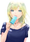  1girl blonde_hair blue_nails blue_shirt coffee-kizoku eating eyebrows_visible_through_hair food green_eyes highres ice_cream jewelry long_hair mele_retanagua nail_polish necklace open_mouth original shirt simple_background solo upper_body white_background 