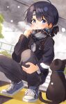  1boy absurdres artist_request black_cat black_hair blue_eyes breath cat child commentary_request highres looking_at_another original outdoors scarf snow squatting winter winter_clothes 